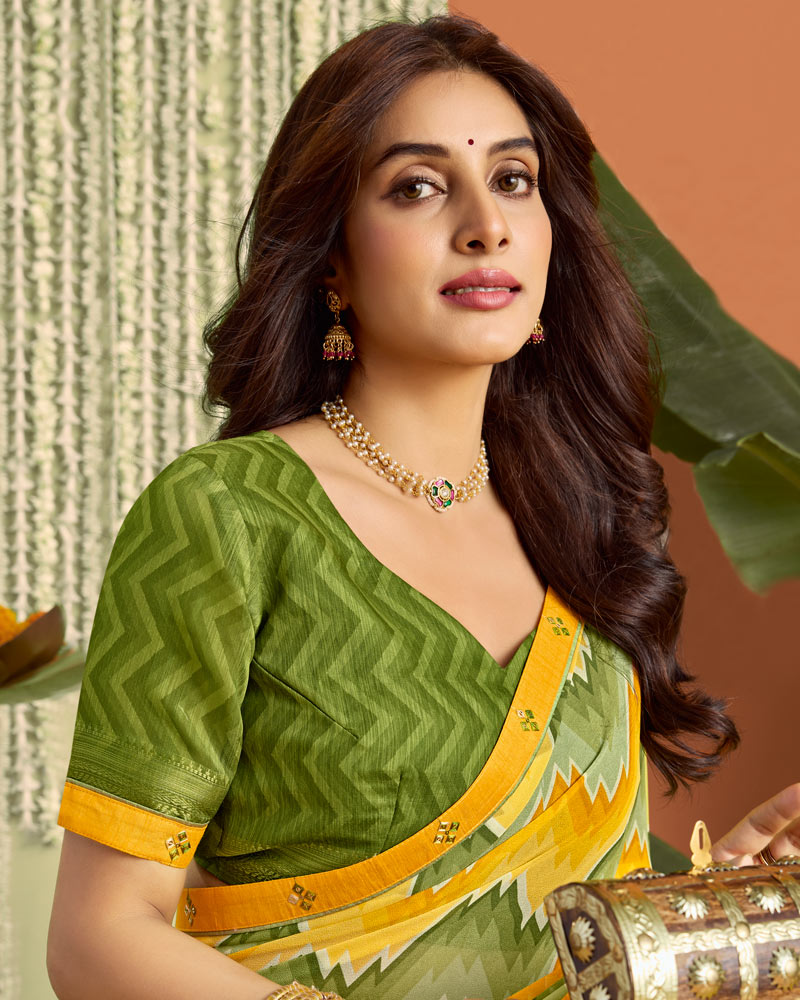 Vishal Prints Yellow Green Printed Georgette Saree With Fancy Border