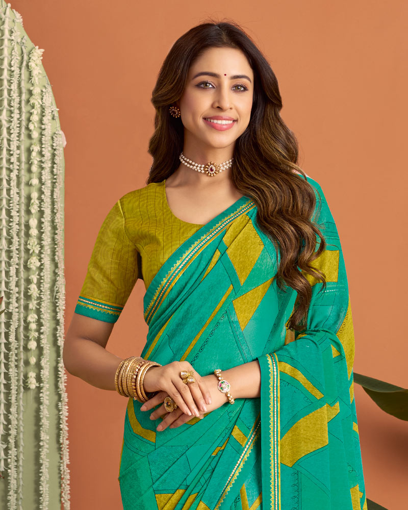Vishal Prints Teal Green Printed Georgette Saree With Fancy Border