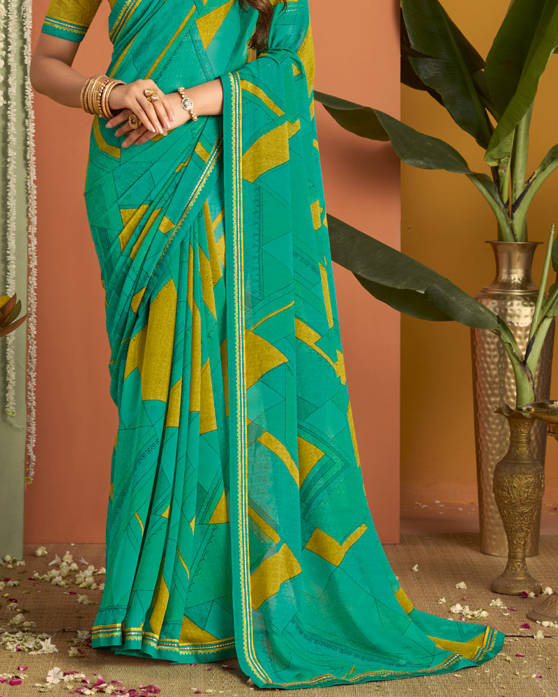 Vishal Prints Teal Green Printed Georgette Saree With Fancy Border