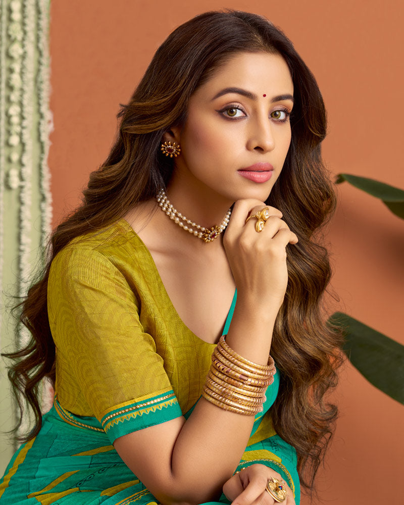 Vishal Prints Teal Green Printed Georgette Saree With Fancy Border