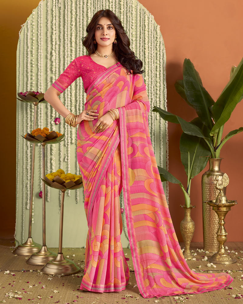 Vishal Prints Bright Fuchsia Pink Printed Georgette Saree With Fancy Border