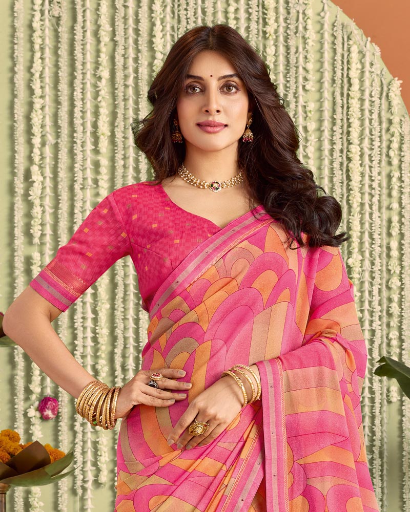 Vishal Prints Bright Fuchsia Pink Printed Georgette Saree With Fancy Border