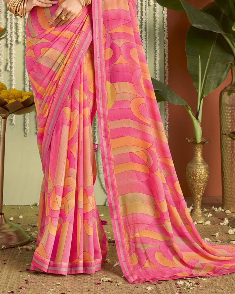 Vishal Prints Bright Fuchsia Pink Printed Georgette Saree With Fancy Border