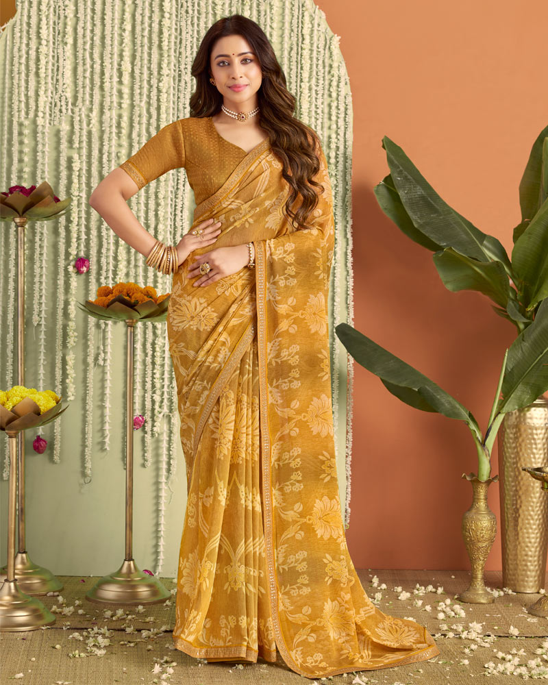 Vishal Prints Dusty Mustard Printed Georgette Saree With Fancy Border