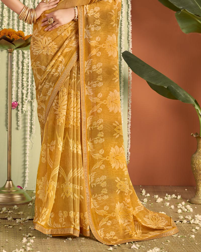 Vishal Prints Dusty Mustard Printed Georgette Saree With Fancy Border
