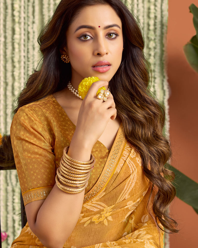 Vishal Prints Dusty Mustard Printed Georgette Saree With Fancy Border