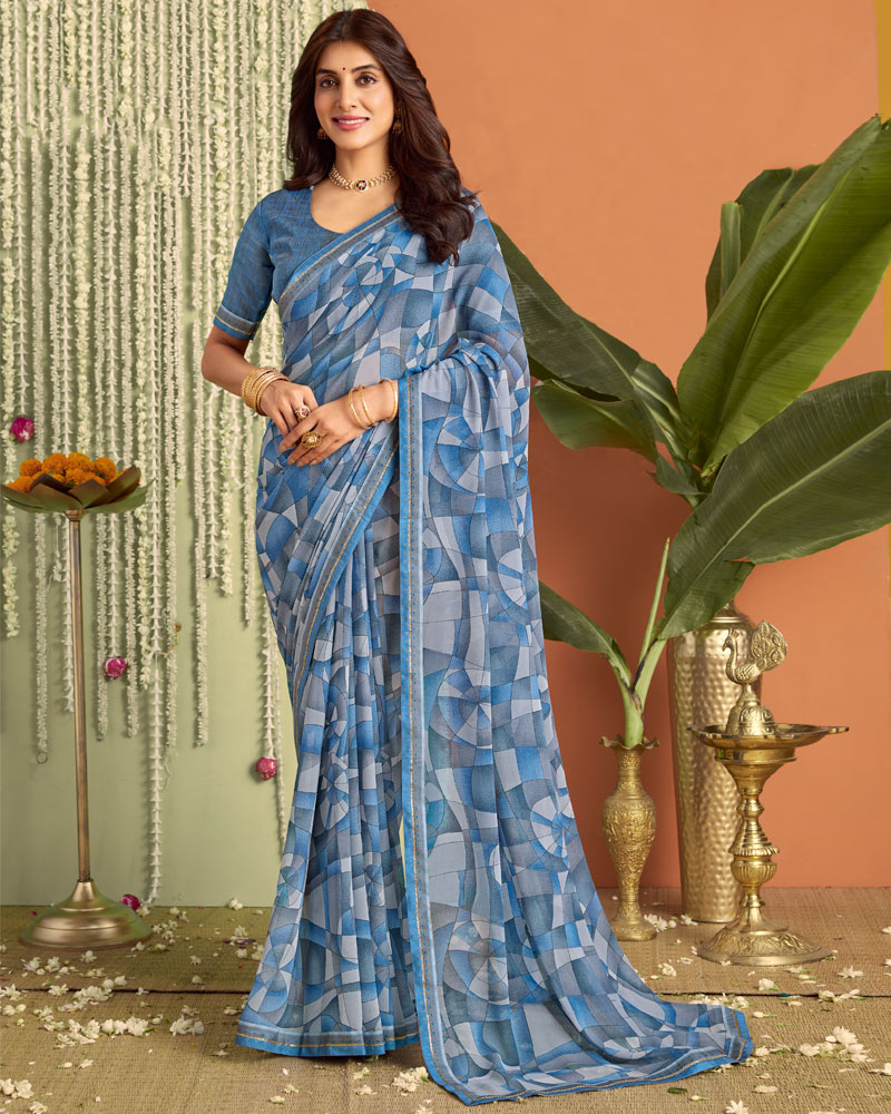 Vishal Prints Electric Blue Printed Georgette Saree With Fancy Border