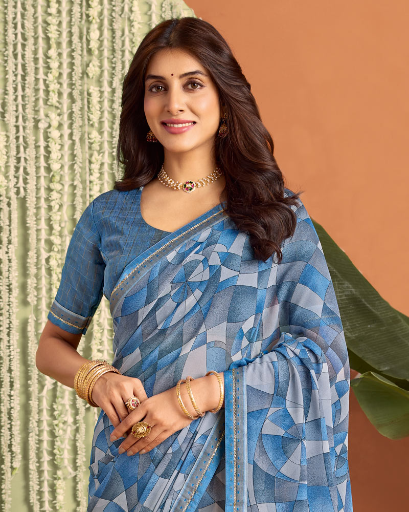 Vishal Prints Electric Blue Printed Georgette Saree With Fancy Border