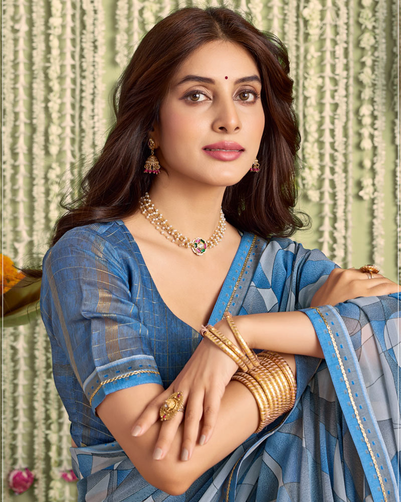Vishal Prints Electric Blue Printed Georgette Saree With Fancy Border
