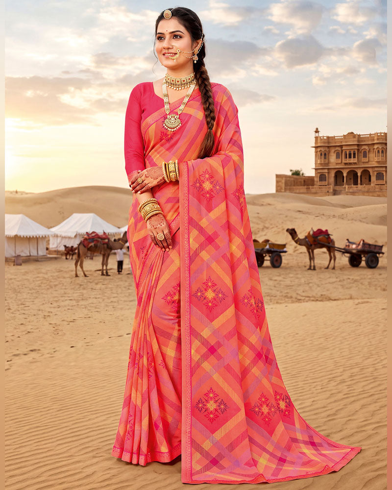 Vishal Prints Salmon Orange Pink Printed Georgette Saree With Fancy Border
