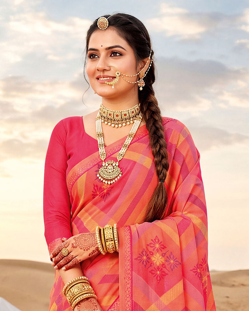 Vishal Prints Salmon Orange Pink Printed Georgette Saree With Fancy Border