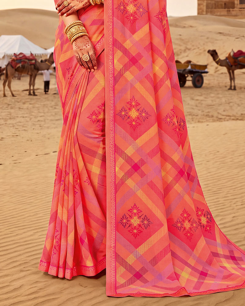 Vishal Prints Salmon Orange Pink Printed Georgette Saree With Fancy Border