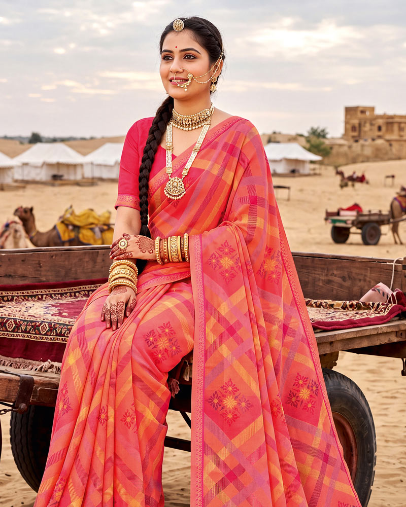 Vishal Prints Salmon Orange Pink Printed Georgette Saree With Fancy Border