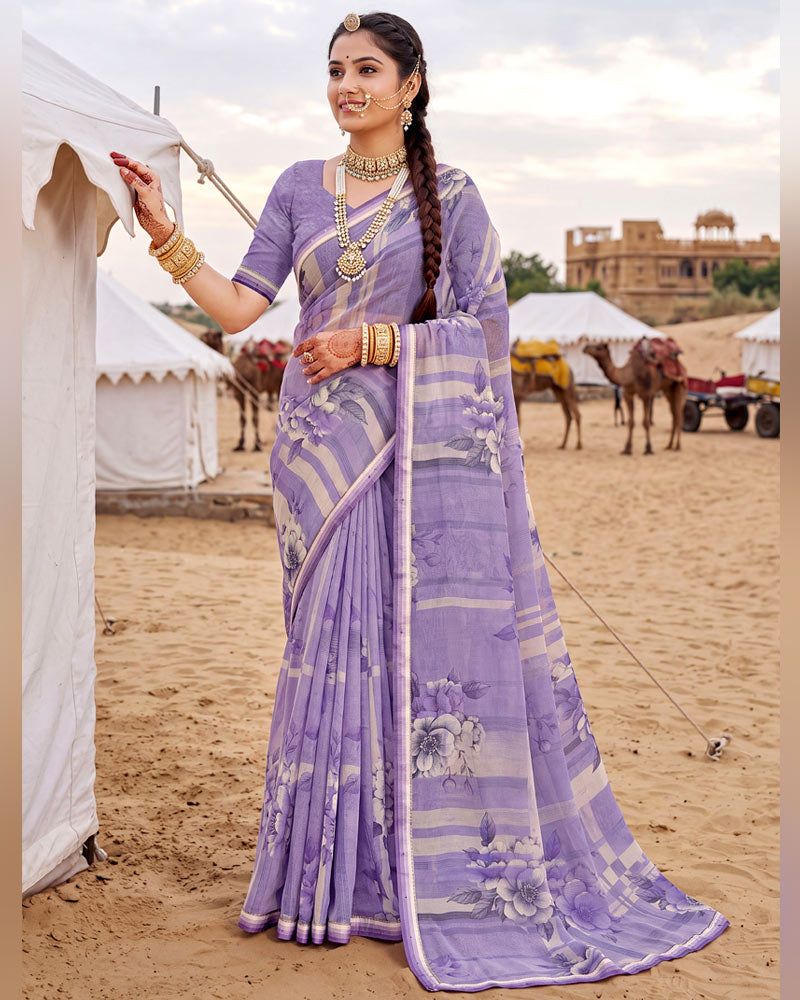 Vishal Prints Pastel Purple Printed Georgette Saree With Fancy Border