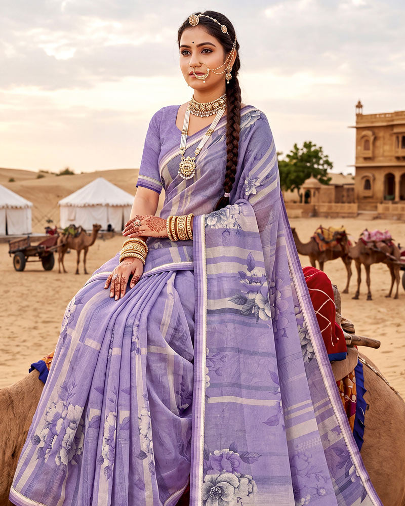 Vishal Prints Pastel Purple Printed Georgette Saree With Fancy Border