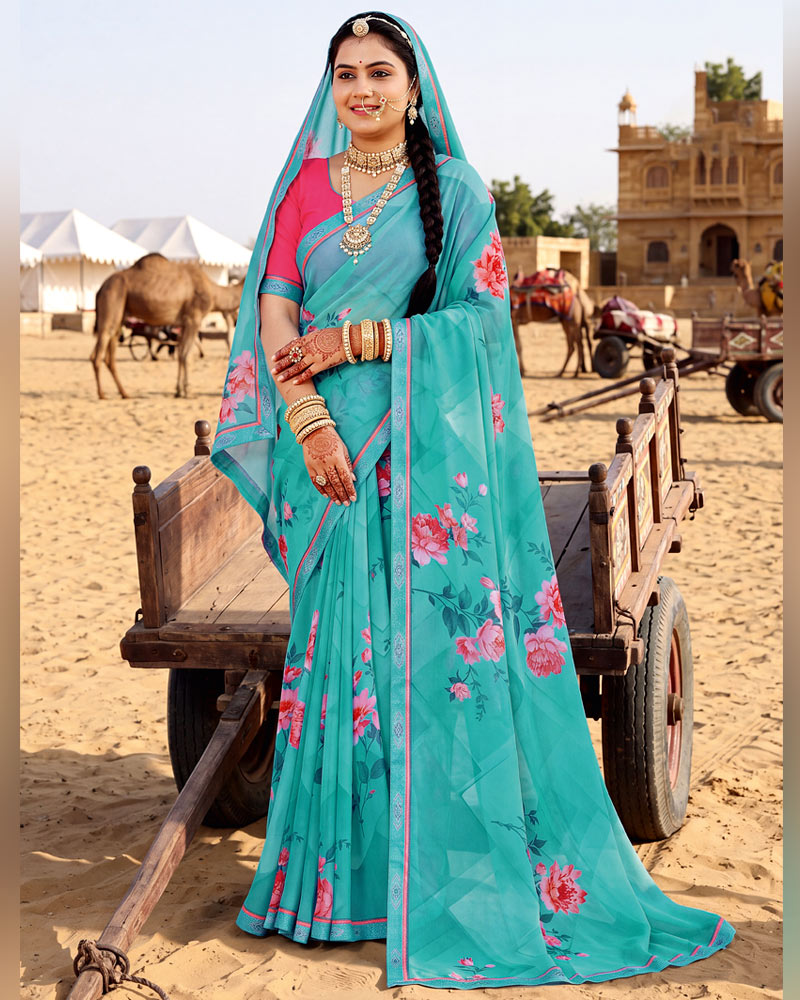 Vishal Prints Light Sea Green Printed Georgette Saree With Fancy Border