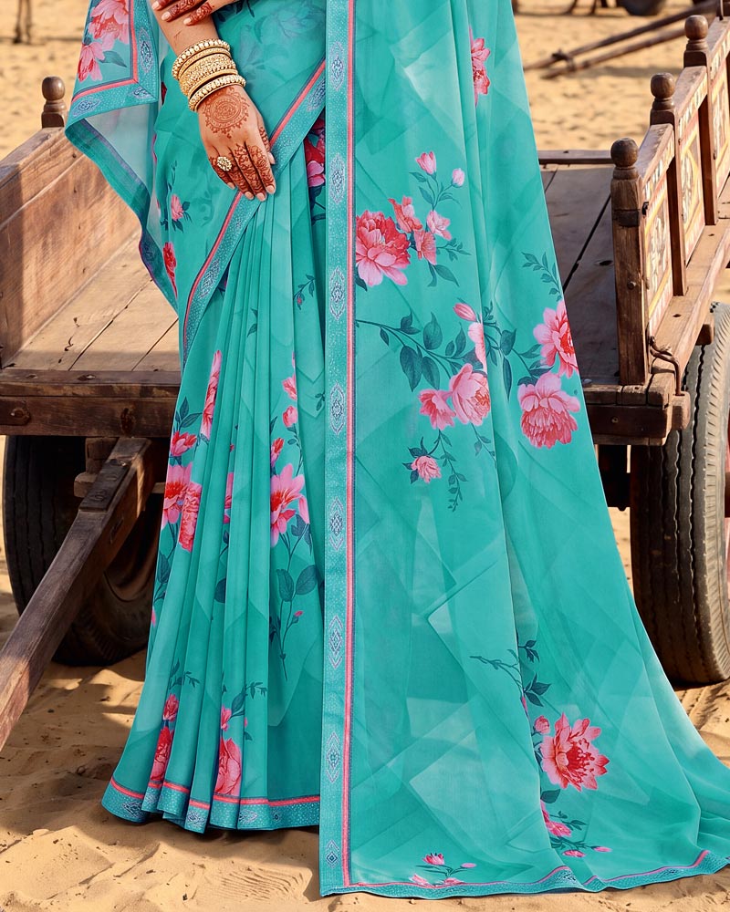 Vishal Prints Light Sea Green Printed Georgette Saree With Fancy Border