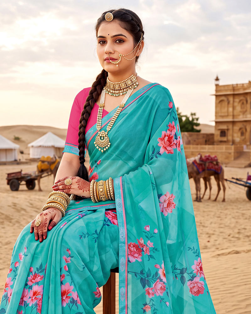Vishal Prints Light Sea Green Printed Georgette Saree With Fancy Border
