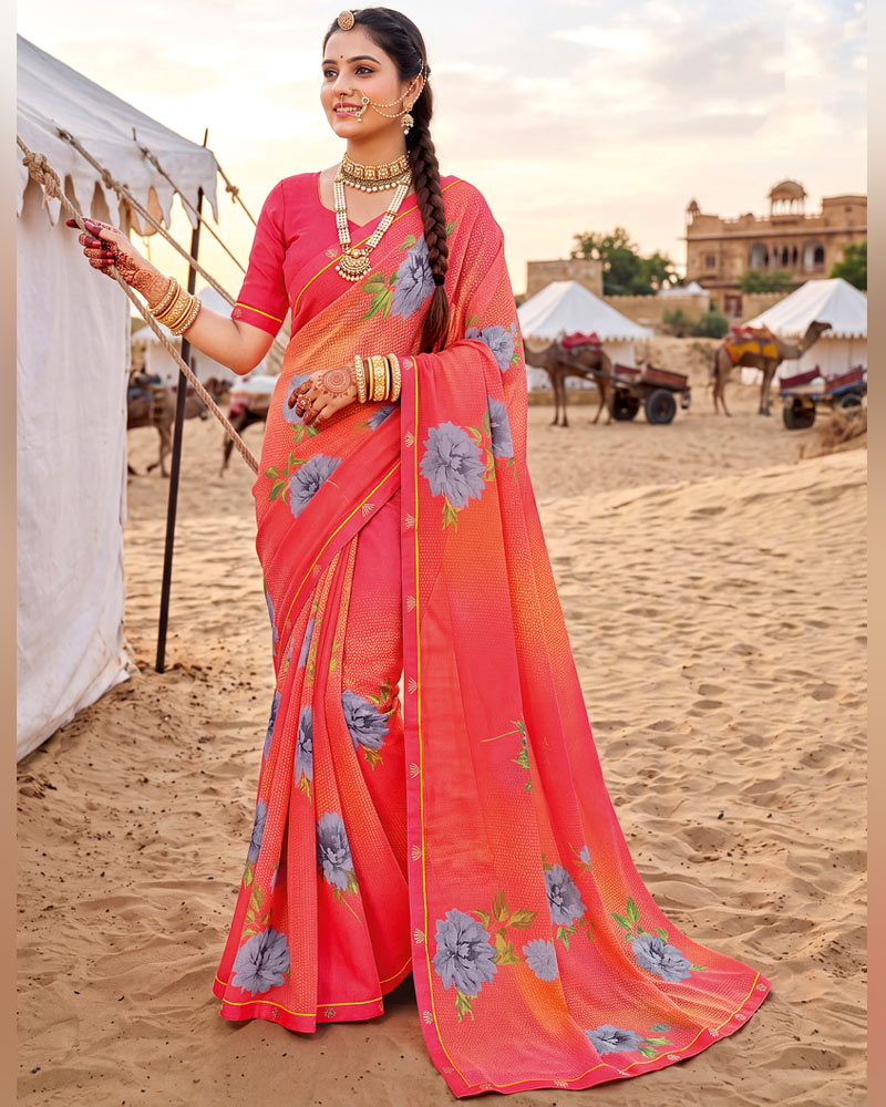 Vishal Prints Pastel Red-Pink Printed Georgette Saree With Fancy Border