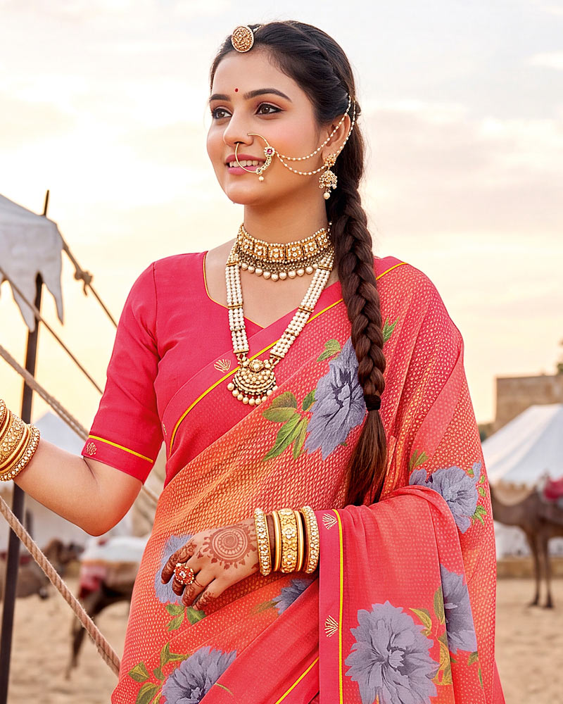 Vishal Prints Pastel Red-Pink Printed Georgette Saree With Fancy Border