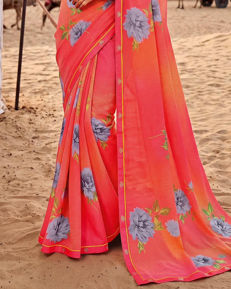 Vishal Prints Pastel Red-Pink Printed Georgette Saree With Fancy Border