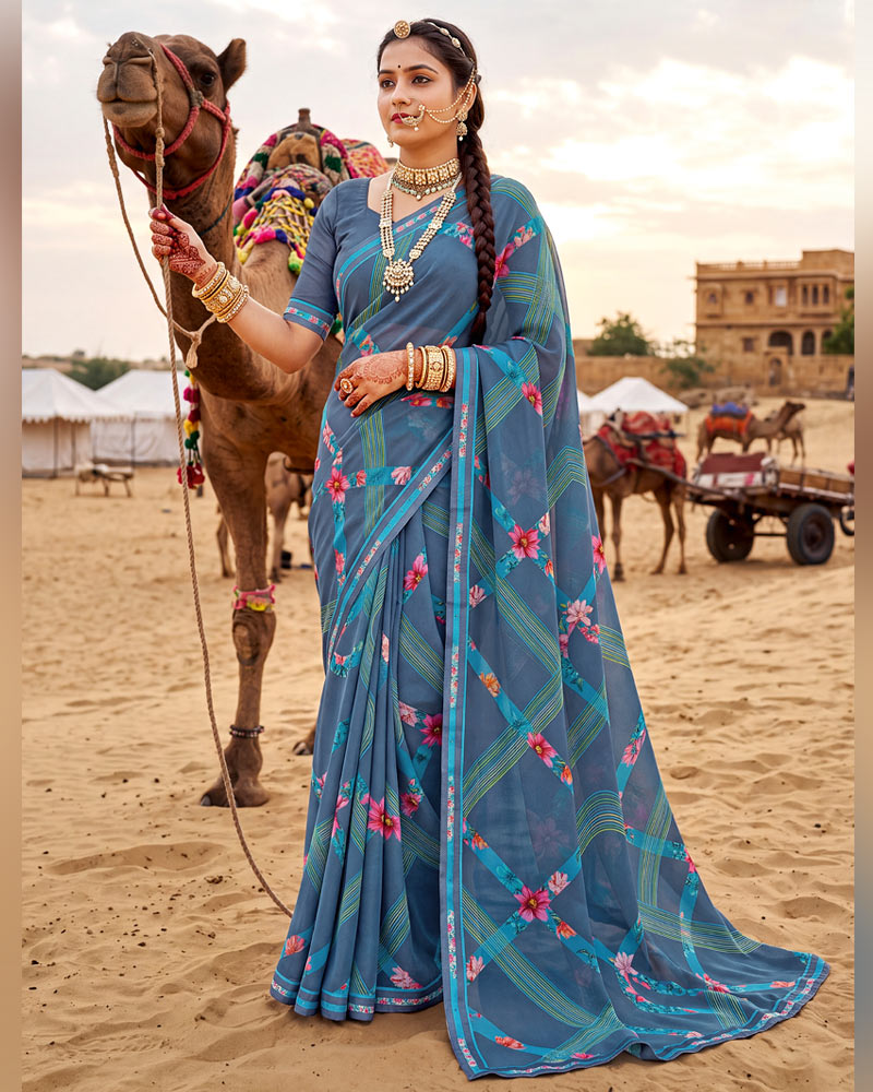 Vishal Prints Dusty Marble Blue Printed Georgette Saree With Fancy Border