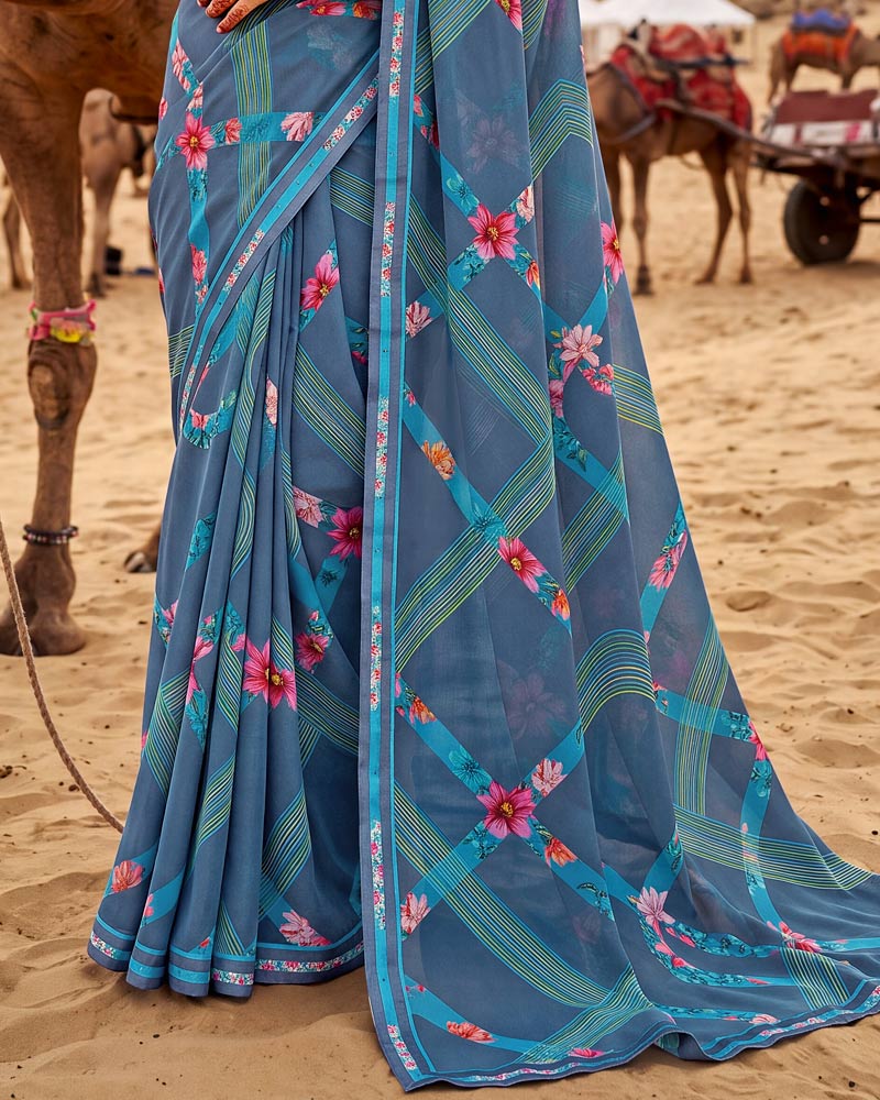 Vishal Prints Dusty Marble Blue Printed Georgette Saree With Fancy Border