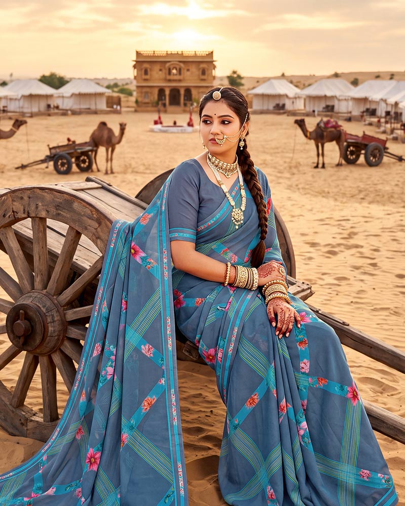 Vishal Prints Dusty Marble Blue Printed Georgette Saree With Fancy Border