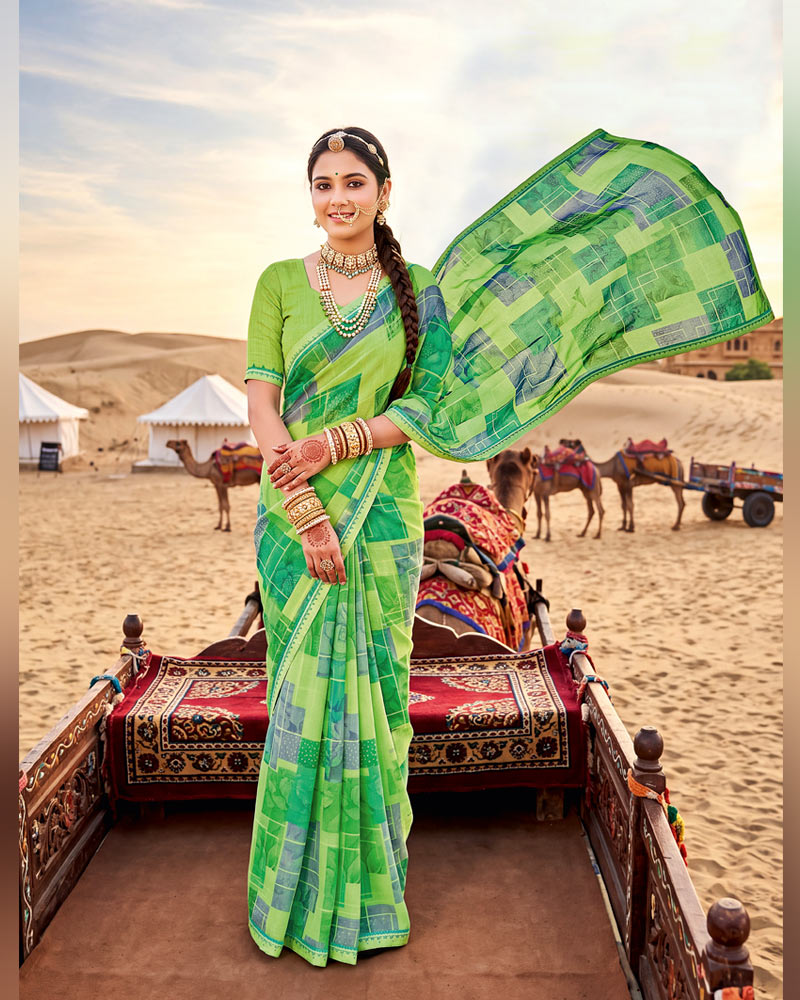 Vishal Prints Multi Green Printed Georgette Saree With Fancy Border
