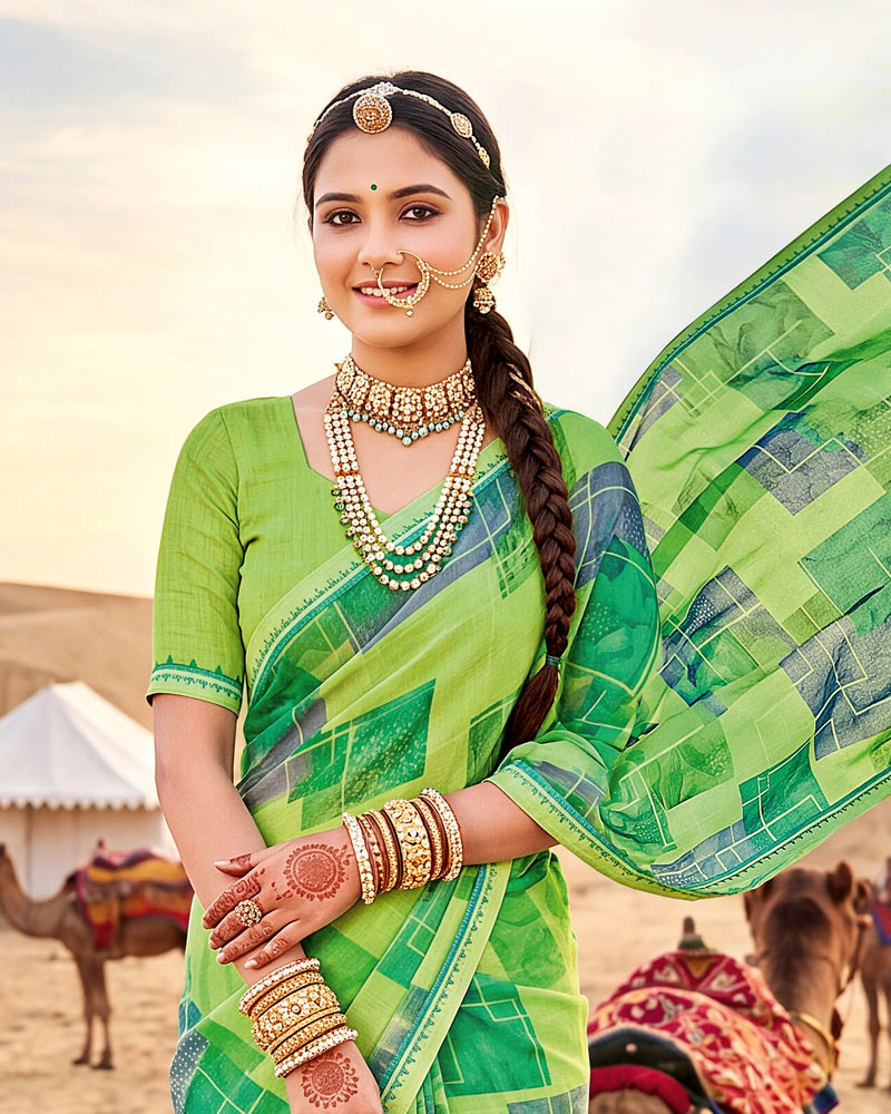 Vishal Prints Multi Green Printed Georgette Saree With Fancy Border