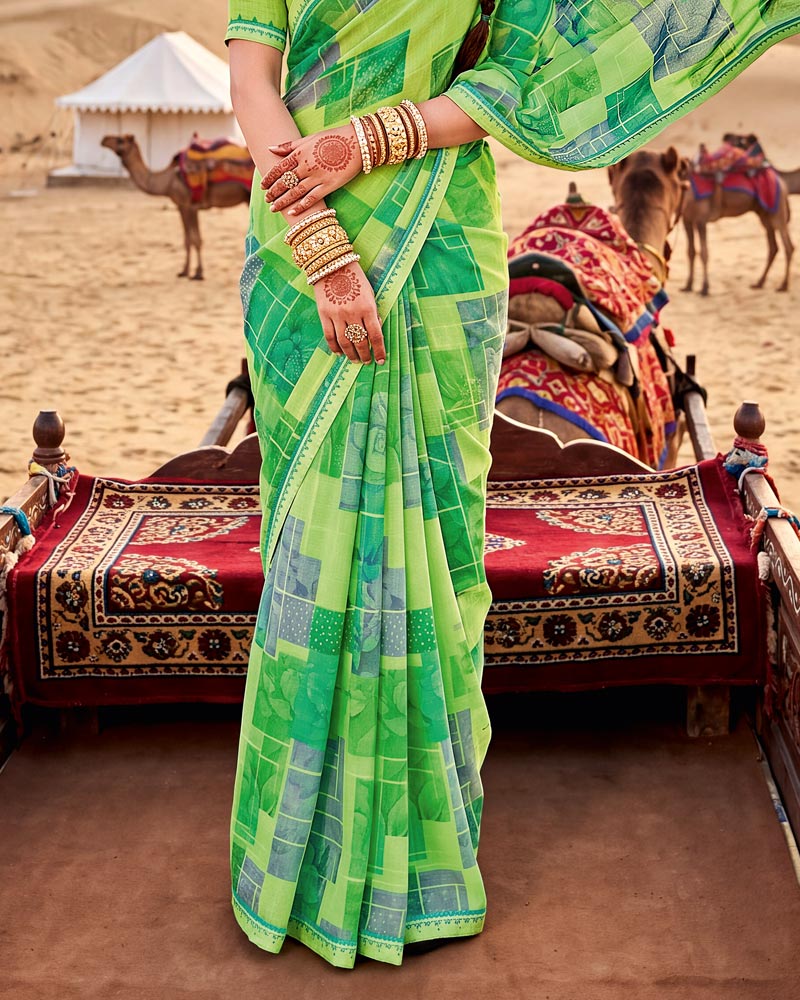 Vishal Prints Multi Green Printed Georgette Saree With Fancy Border