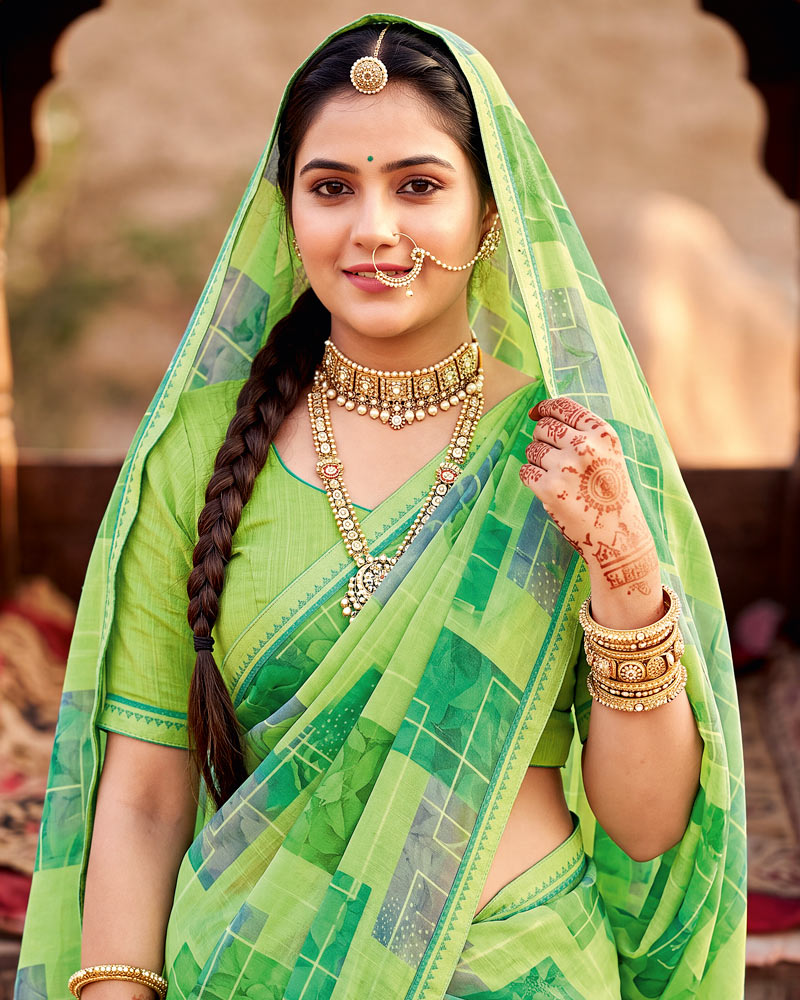 Vishal Prints Multi Green Printed Georgette Saree With Fancy Border