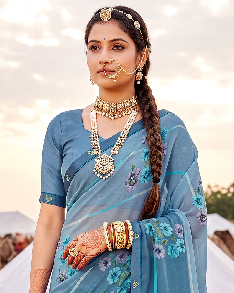 Vishal Prints Light Greyish Blue Printed Georgette Saree With Fancy Border