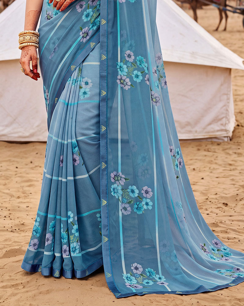 Vishal Prints Light Greyish Blue Printed Georgette Saree With Fancy Border
