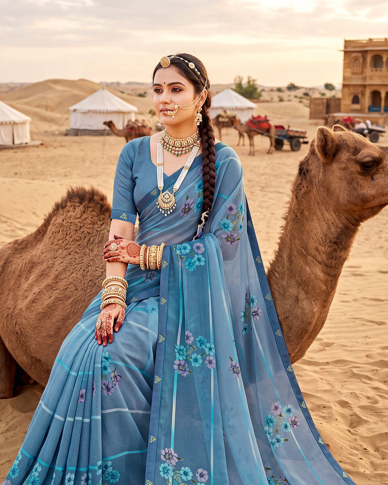 Vishal Prints Light Greyish Blue Printed Georgette Saree With Fancy Border