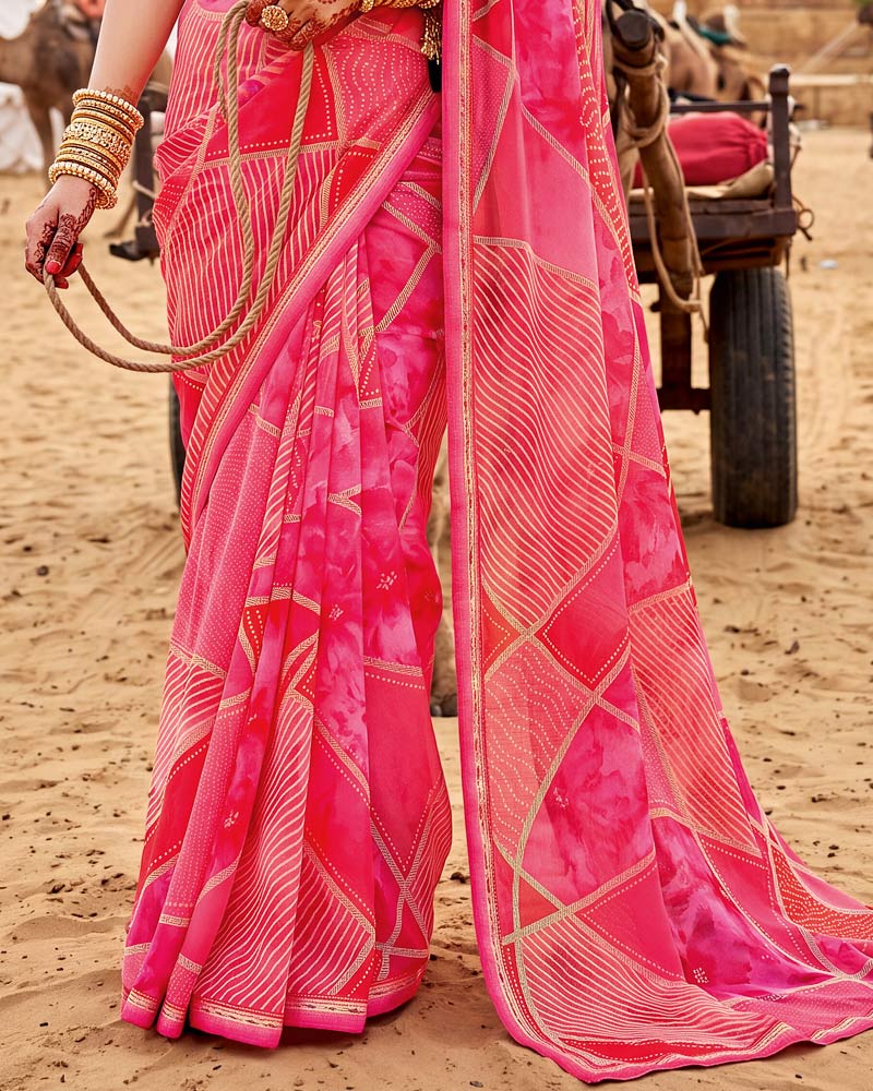 Vishal Prints Multi Pink Printed Georgette Saree With Fancy Border