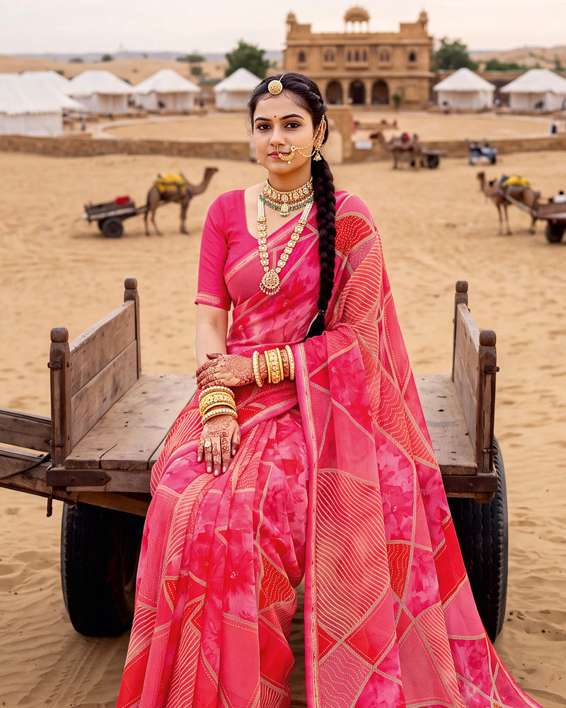 Vishal Prints Multi Pink Printed Georgette Saree With Fancy Border
