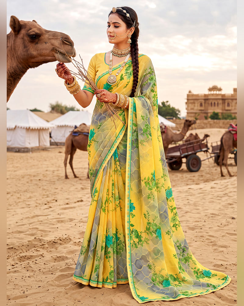 Vishal Prints Light Straw Yellow Printed Georgette Saree With Fancy Border