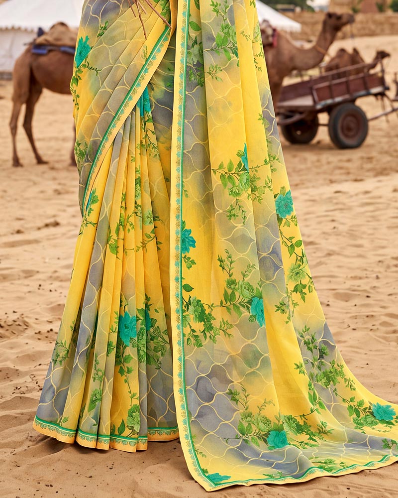 Vishal Prints Light Straw Yellow Printed Georgette Saree With Fancy Border