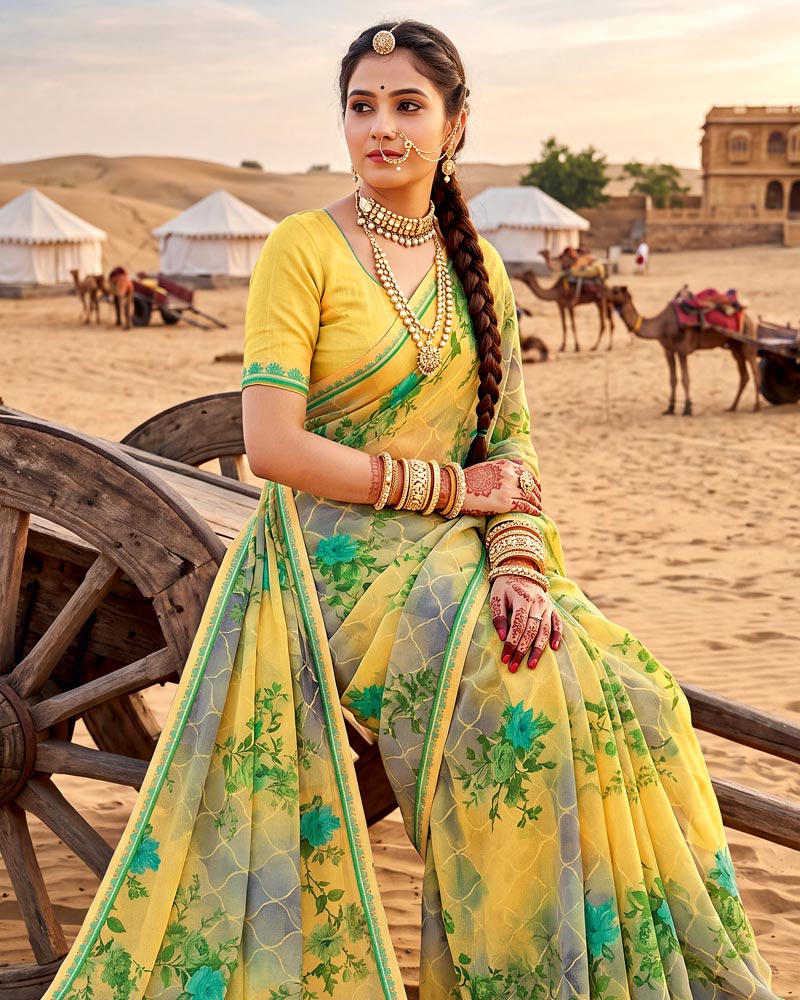 Vishal Prints Light Straw Yellow Printed Georgette Saree With Fancy Border