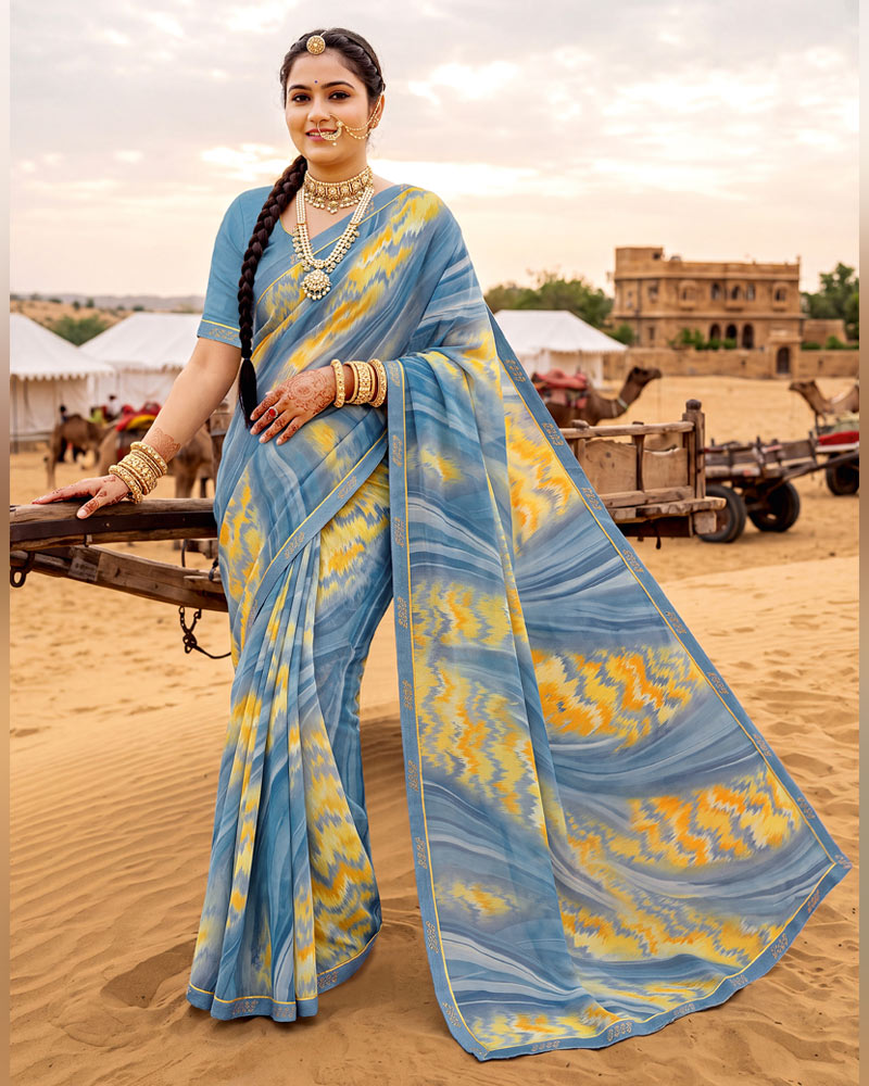 Vishal Prints Metallic Grey Blue Printed Georgette Saree With Fancy Border