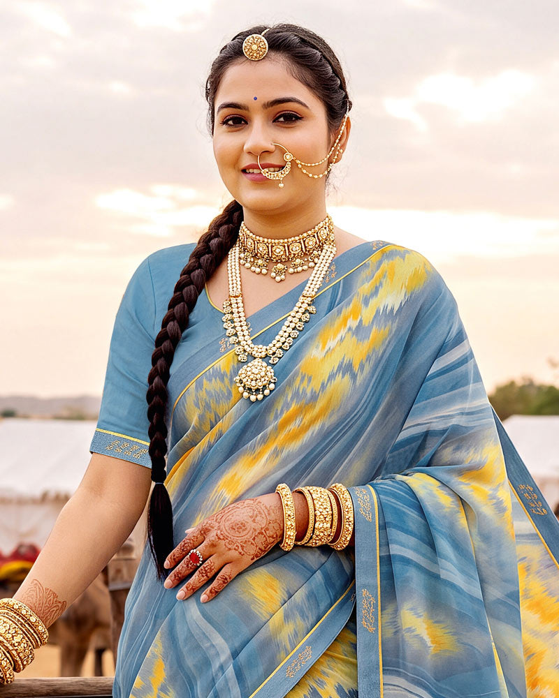 Vishal Prints Metallic Grey Blue Printed Georgette Saree With Fancy Border