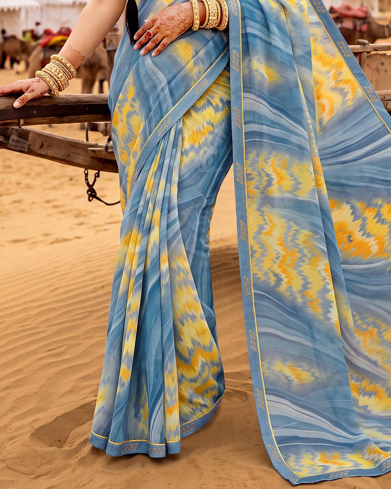 Vishal Prints Metallic Grey Blue Printed Georgette Saree With Fancy Border