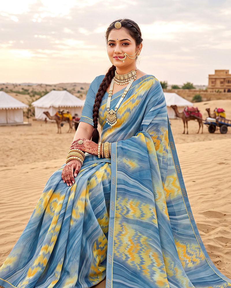 Vishal Prints Metallic Grey Blue Printed Georgette Saree With Fancy Border