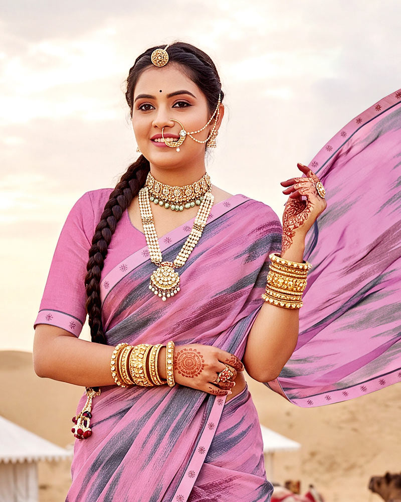 Vishal Prints Pastel Magenta Printed Georgette Saree With Fancy Border