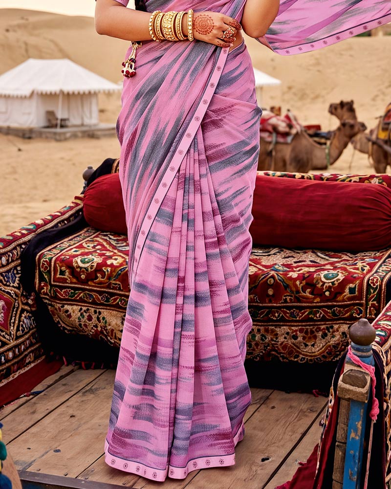 Vishal Prints Pastel Magenta Printed Georgette Saree With Fancy Border