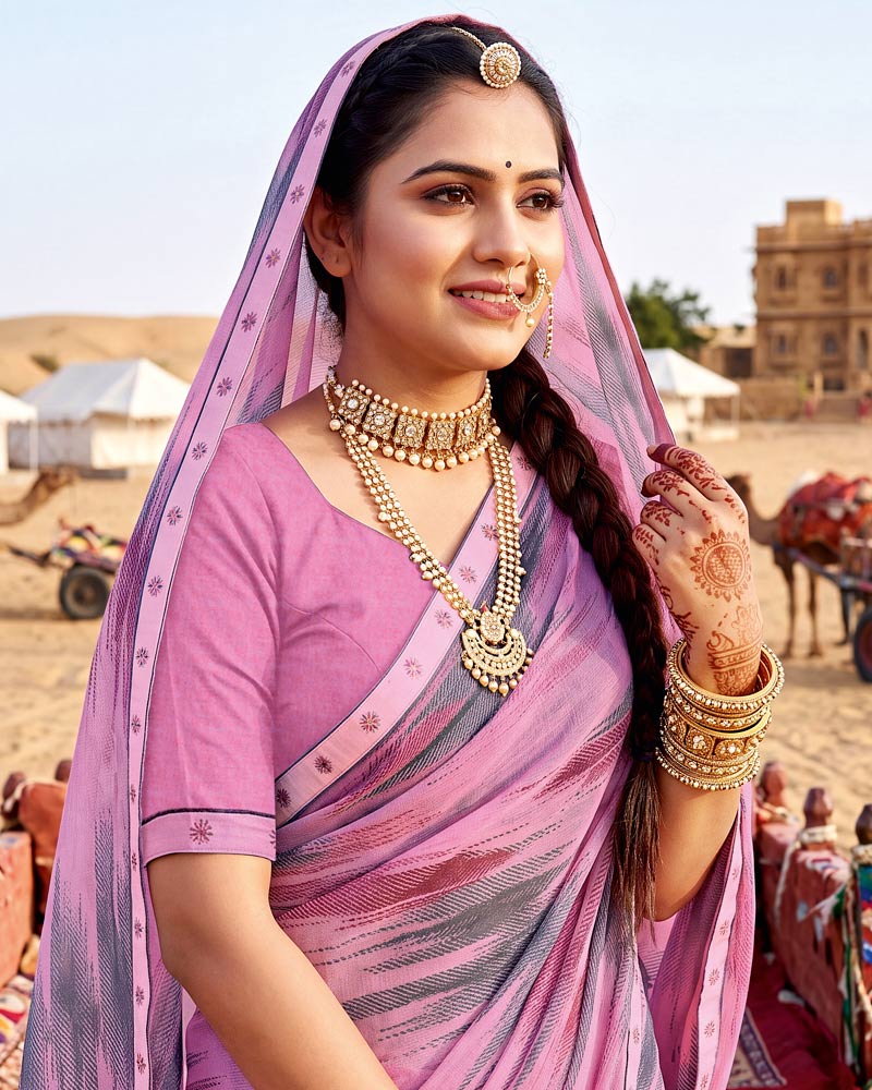 Vishal Prints Pastel Magenta Printed Georgette Saree With Fancy Border