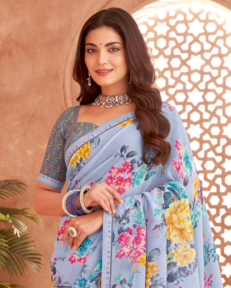 Vishal Prints Bluish Grey Printed Georgette Saree With Fancy Border