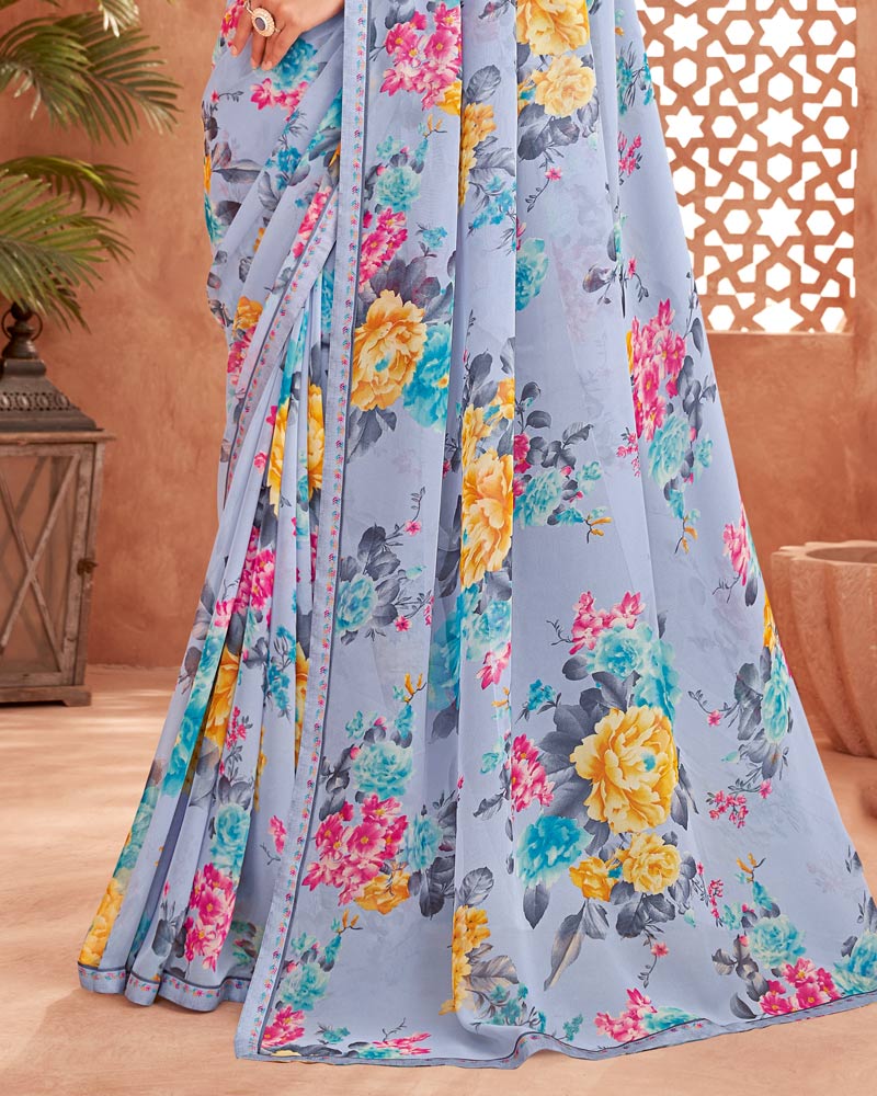 Vishal Prints Bluish Grey Printed Georgette Saree With Fancy Border