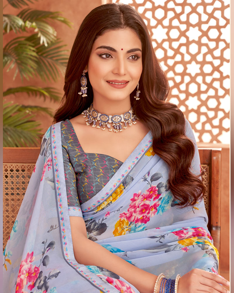Vishal Prints Bluish Grey Printed Georgette Saree With Fancy Border